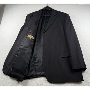 Pronto Mondo Black 52L Blazer Sport Coat Mens Brown Pinstipe Merino‎ Wool